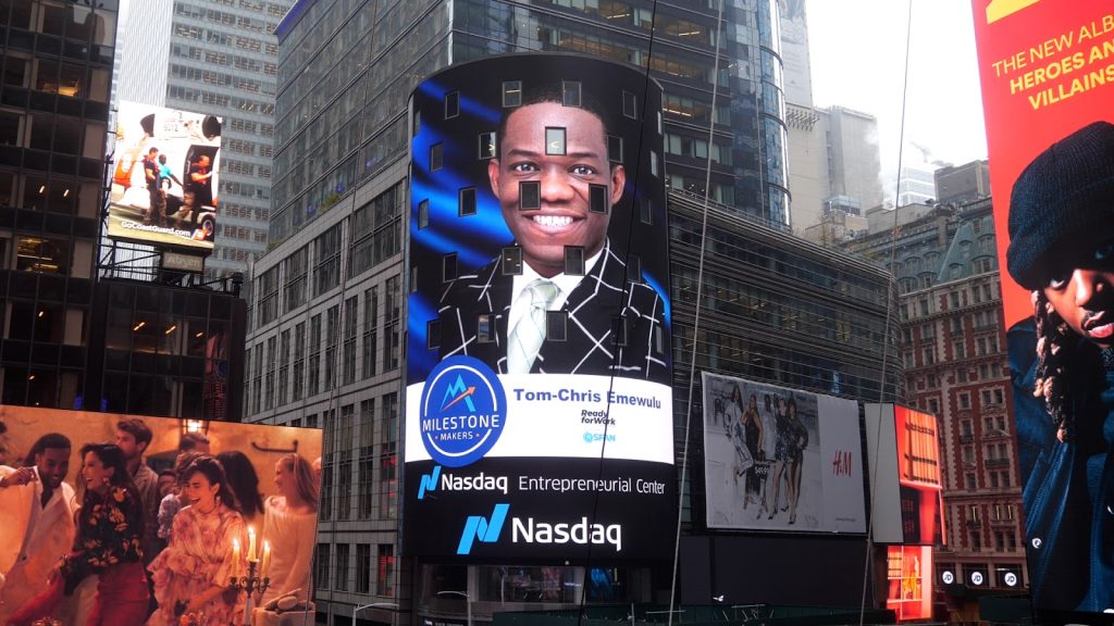 Tom-Chris Emewulu, the visionary founder of Ghana’s edtech social enterprise Stars From All Nations featured on NY Times Square