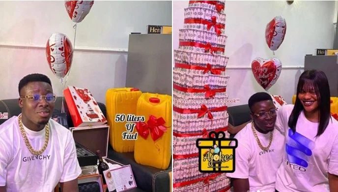 Photos: Lady gifts boyfriend money cake, 50 litres of fuel, other items for valentine