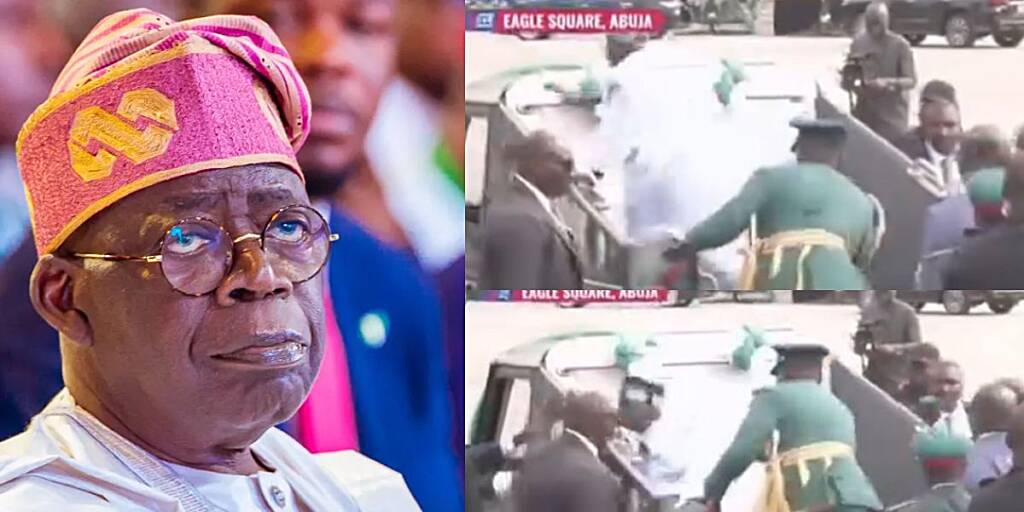 President Tinubu falls while climbing parade car for Democracy Day celebration today