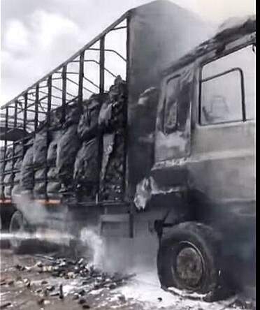 Truck transporting spare parts burst into flames on Tema Motorway